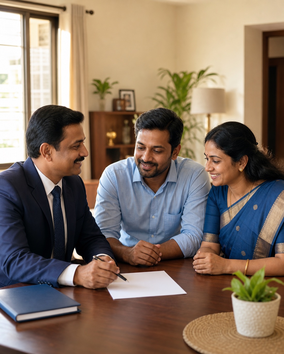 An insurance advisor guiding a Chennai family during a personal consultation