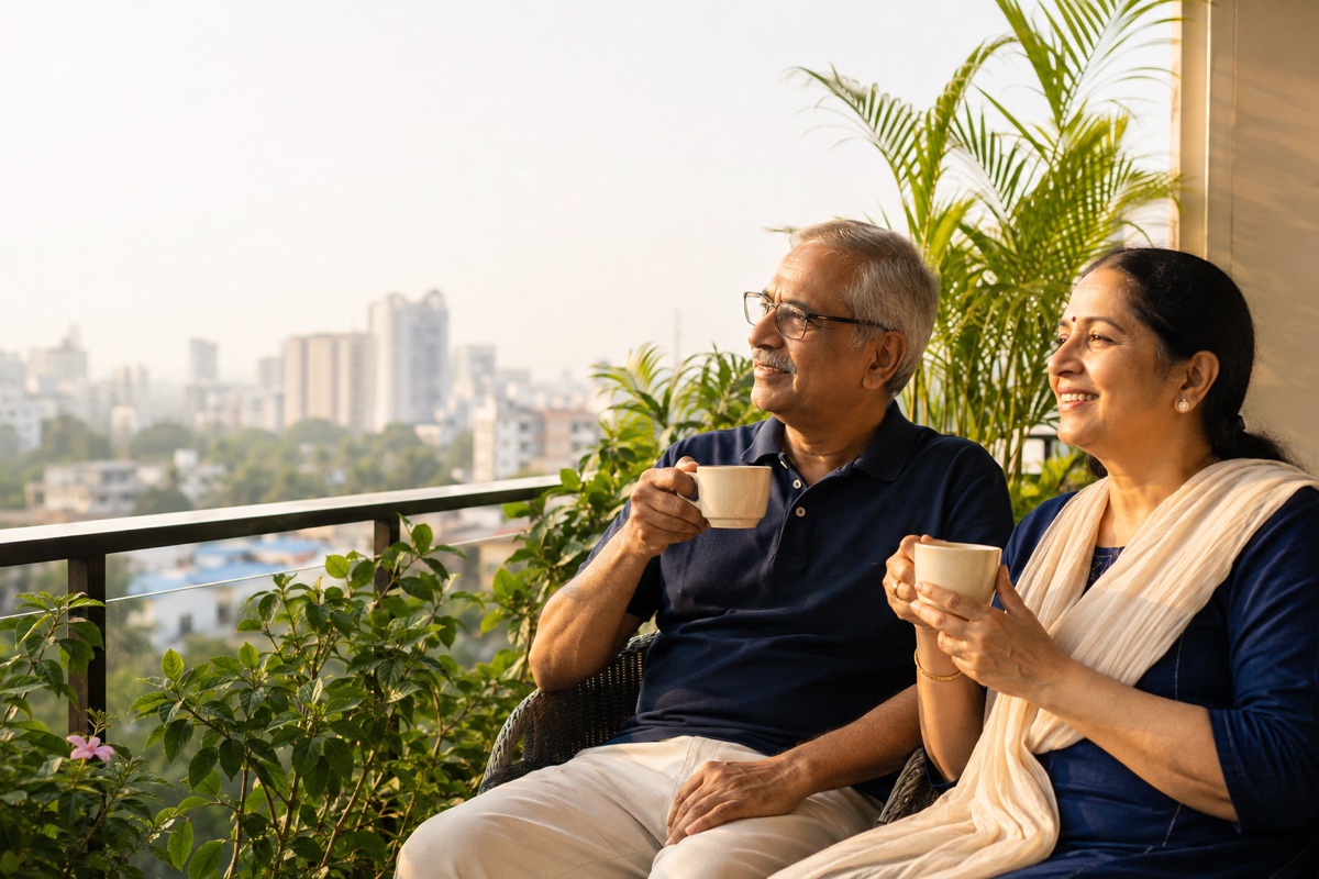 A retired Chennai couple enjoying a secure and peaceful morning together